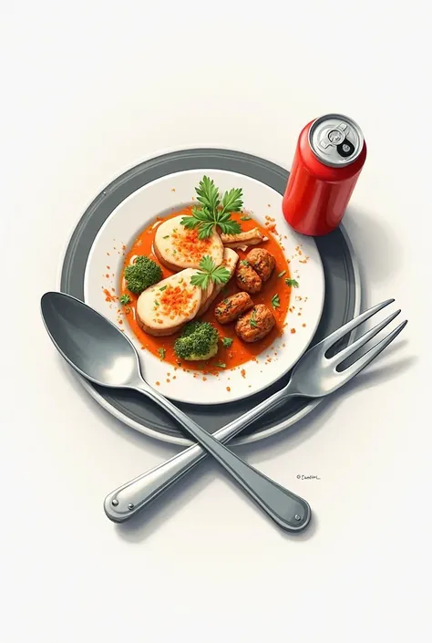 Create a logo for me a plate of food with a crossed spoon and fork and a can of soda  