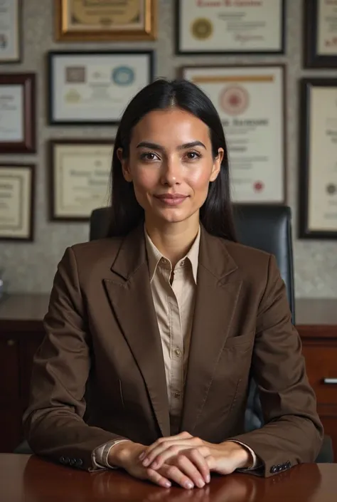 I was photographed sitting behind my desk wearing a formal brown suit with a collection of certificates behind me