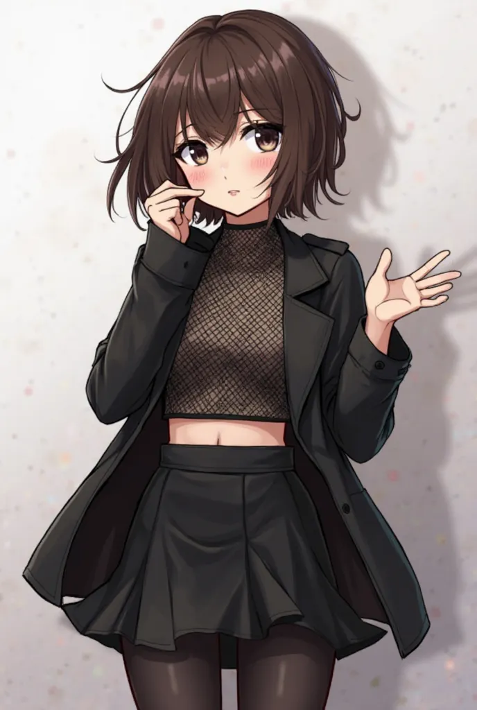 1girl, brunette wig, dangerous hair design wig, dark eyes, dangerous girl, cute, crop top, black trench coat, sheer mesh shirt, skirt around Hipline, black tight skirt, pantyhose, short hair, beautiful brunette hair, side-parted bangs, cute, mature, 