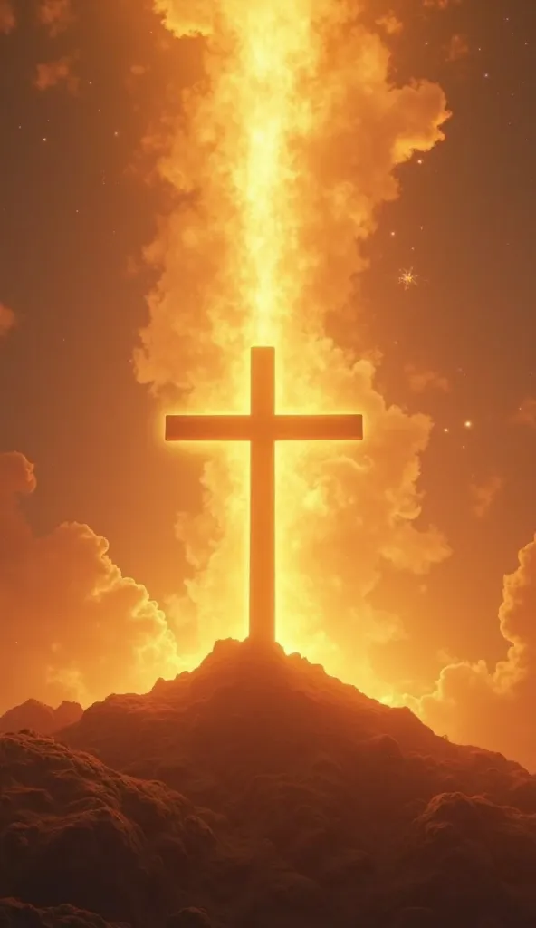 Image of a cross illuminated by an orange ray of heavenly light in the sky with a sunset