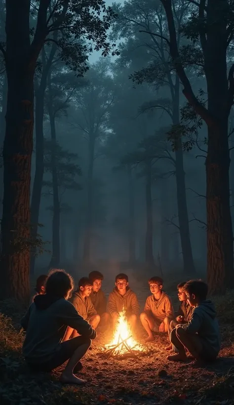 Young people around a bonfire at night in a scary and dark forest