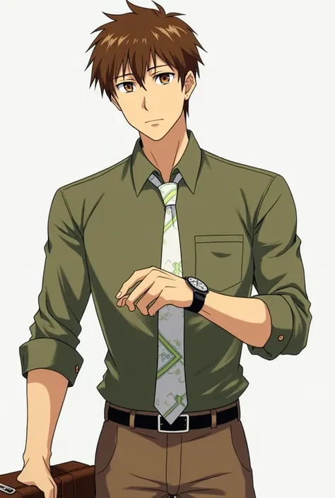 Adult man. Short, brown hair. Amber, tired eyes. Wearing an olive green long sleeve dress shirt with white accents. A matching white tie with green accents. Brown pants with a black belt. Holding a brown work briefcase. Checking his wristwatch. Anime.