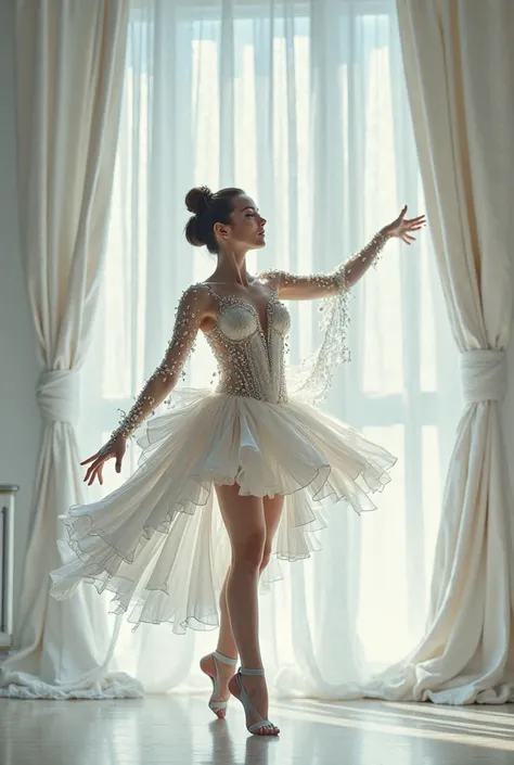 The picture shows a dancer in front of a white curtain. The woman wears the emperor's new clothes.