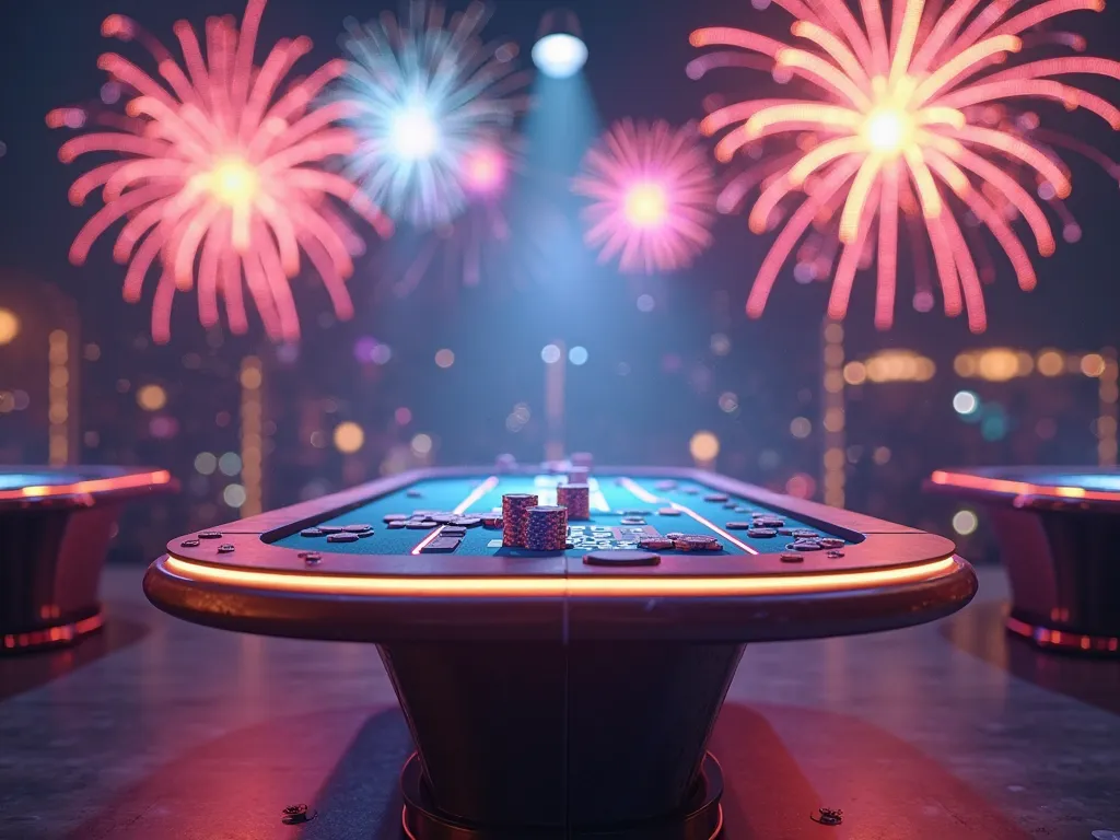 Generate a poker poster, write in 3D format "universal satellite" table in the background,  There are chips on the table , festive poster theme, fireworks , firework  