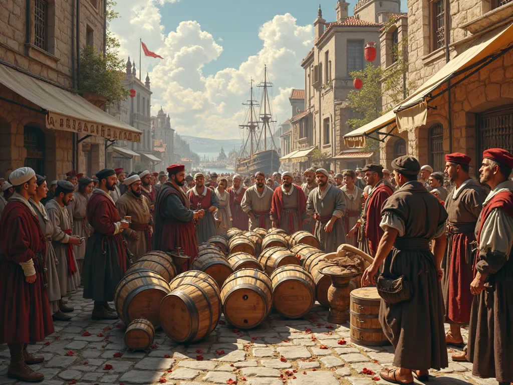 An image showing Gascony wine trade during the reign if Edward III and Philip VI. The image should be hyper realistic and in 4k