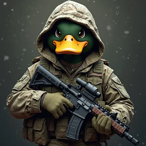 Create an image for Steam's profile picture that is a duck dressed as a military man with an m4 rifle silenced in his hands in the background you can see the ciluta of a duck and underneath it says tactical duck in egercito letters 