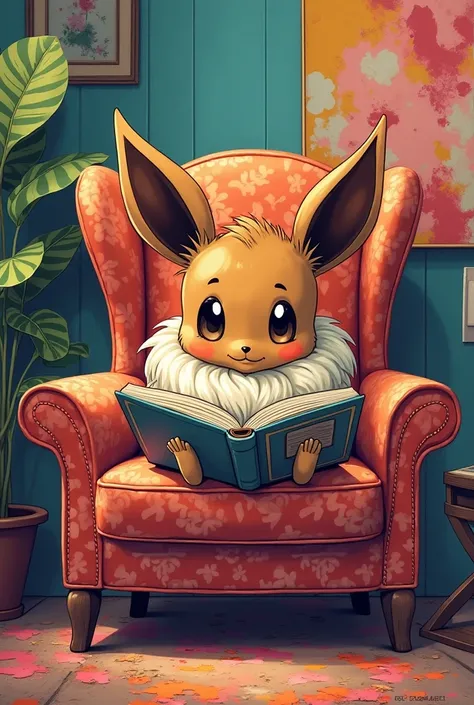 Eevee sitting with a book in his hand in a pop art armchair Pop art style