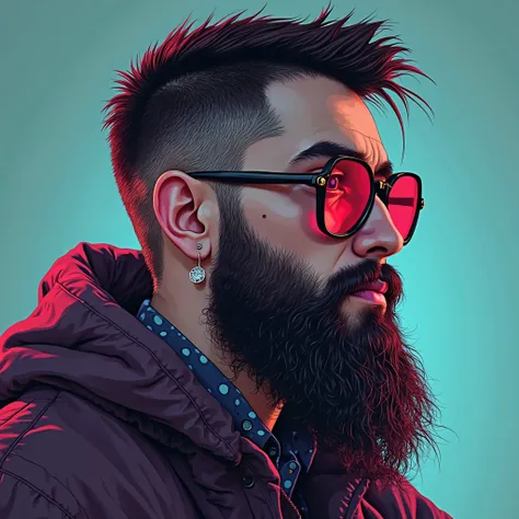 I want an image that represents me, Am I Jewish,  I wear a beard rian, tenho o  short hair, is not so evident but I want a retrowave and sythwave style image, that the face, glasses but that just give you an idea of these details, barbarian,  short hair, A...