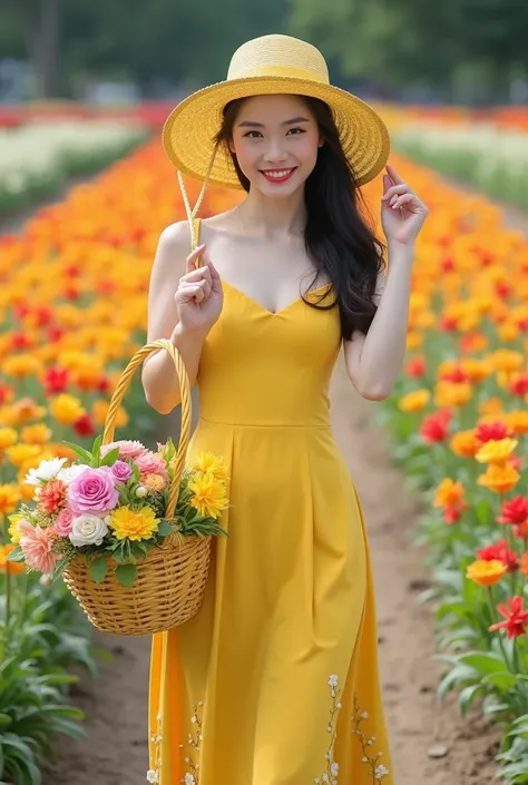 a real beautiful slightly chubby of Asian woman, smooth white skin,  smiling, holding a yellow brimmed hat with a design of a yellow flower, holding a yellow basket full of different mix colors of flowers, wearing a yellow sleveless and half-length dress w...