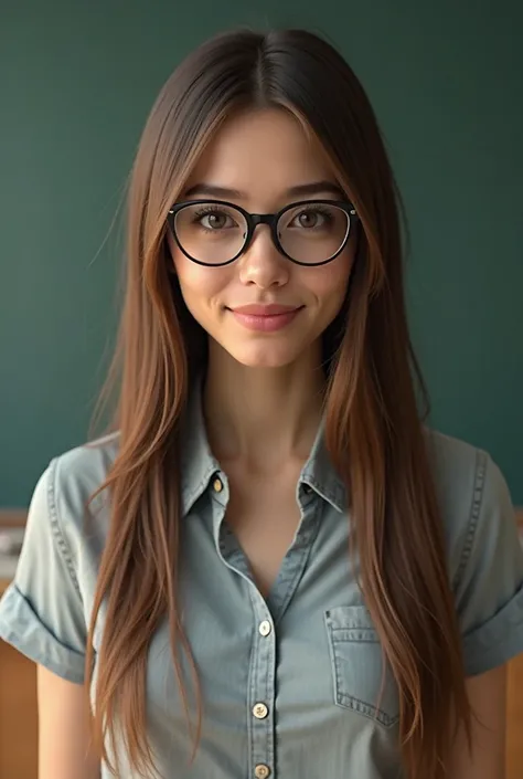 ((perfect anatomy:1.2, realistic:1.3, RAW Photography:1.3,masterpiece、highest quality、Ultra - High resolution、High resolution、Highly detailed CG、8K)), ((extremely realistic)), (ultra real), generate a highly realistic image of a female teacher, (( glasses)...