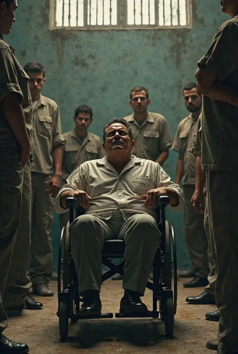 Create Bolsonaro in a wheelchair crying with prisoners 