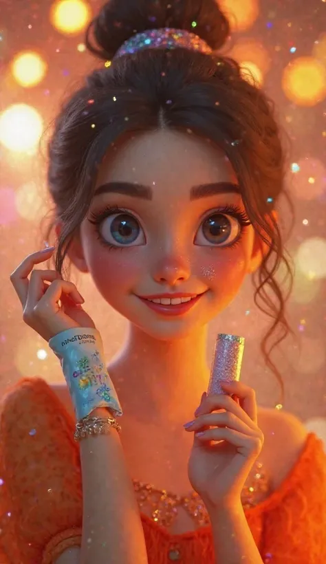 **"A stunning 3D animated girl in ultra-realistic 8K resolution, preparing for a magical carnival night. She holds a tube of cream similar to Natura Faces Gel Glitter Cristal, showing it off to the audience with a charming look. The packaging reflects the ...