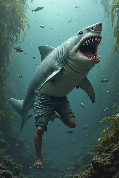 the shark with human leg and  a short in leg