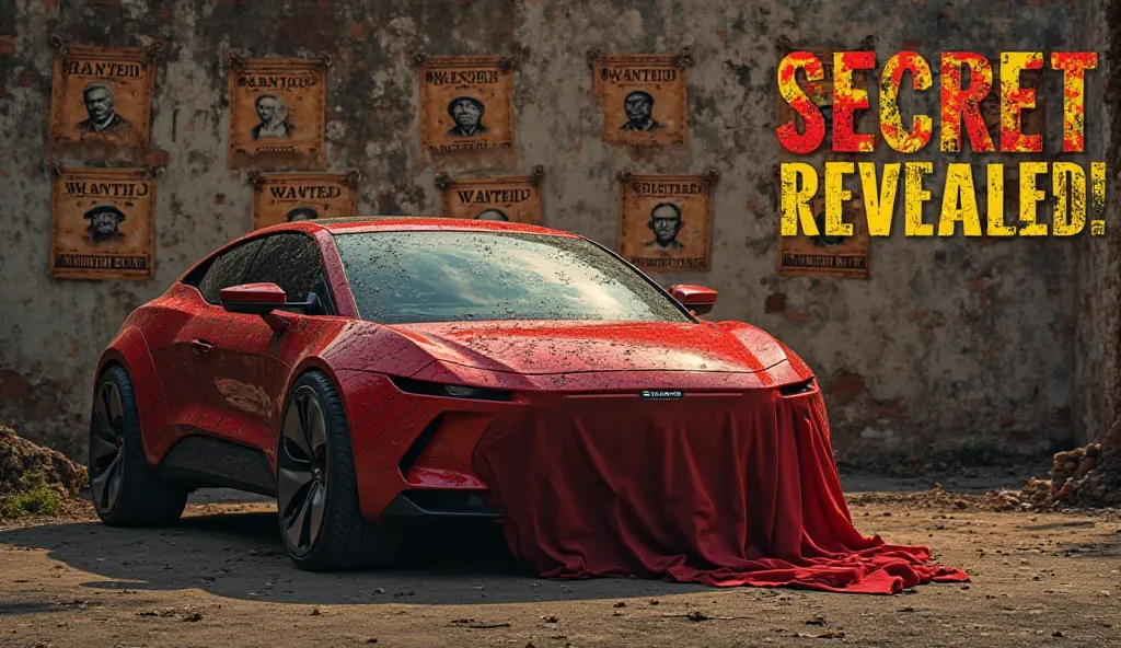 "A futuristic Tata Sumo 2025 in Tuscan Red, parked in front of an old, damaged brick wall with six 'WANTED' criminal posters attached to it. The car is partially covered with a red and yellow cloth, making it look mysterious and intense. The background has...