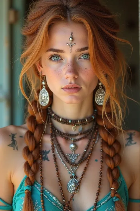 A young woman with striking blue eyes and long, wavy, auburn hair styled into thick braids adorned with turquoise beads. She has fair skin with freckles across her cheeks and nose. Her expression is calm and confident, with slightly parted lips. She wears ...