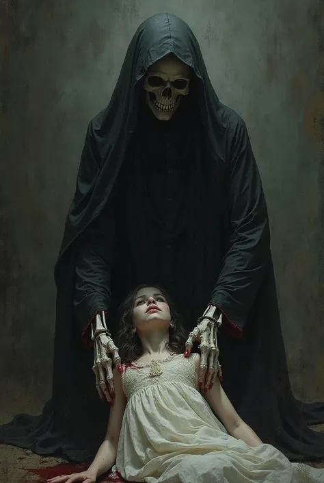 Death taking a girl with blood and the dark environment 