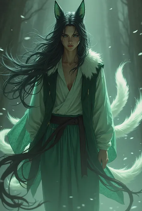 Mist in his kitsune shape looks impressive. He has a slender and agile body, with soft-toned skin, but his eyes have a vibrant intensity, of a bright green that stands out even in the dark. His hair, long and flowing, is a jet-black tone that reflects silv...