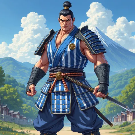 Make an anime-style samurai, with a blue and white vertical striped armor