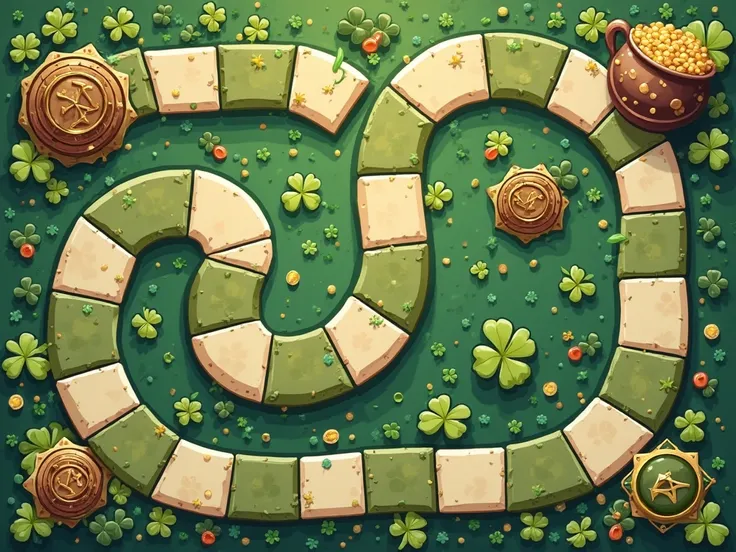 
Generate me an image for a “Saint Patrick” themed game board (treasures, clovers, etc.). A game board for 4 players and each player will have a different route to reach the rainbow but they will have to cover the same number of squares