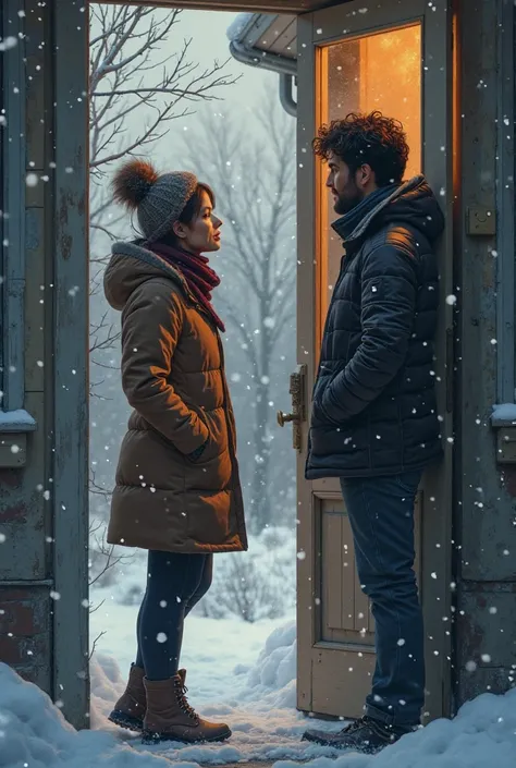 A picture of a woman standing outside,and the man is inside the house. And they're chatting through the front door,on a winter day 