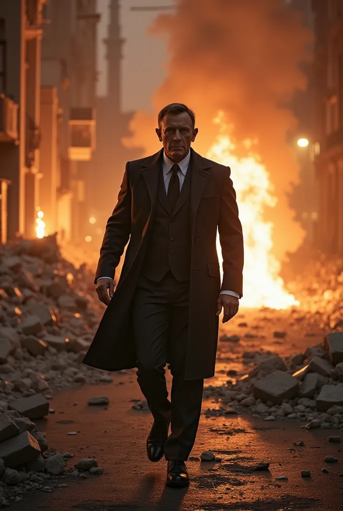 james bond walks towards camera, building explosion in background, detailed facial features, intense expression, dynamic pose, action hero, spy, secret agent, 8k, photorealistic, studio lighting, cinematic, dramatic lighting, hdr, urban cityscape, night sc...