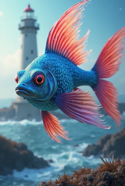 Glamorous fish with blue scales pink eyes and red hair rainbow fins against the background of a lighthouse