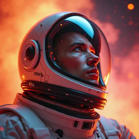 A futuristic astronaut with a reflective visor, looking up with a determined expression. The helmet is detailed with realistic reflections and subtle lighting effects. The background is filled with a vibrant mix of deep orange, red, and pink hues, with swi...