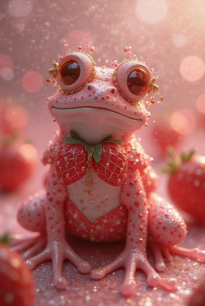 Pretty frog, effeminate dressed in a strawberry, outfit with shiny lenses and shiny glass on a pink and glitter background