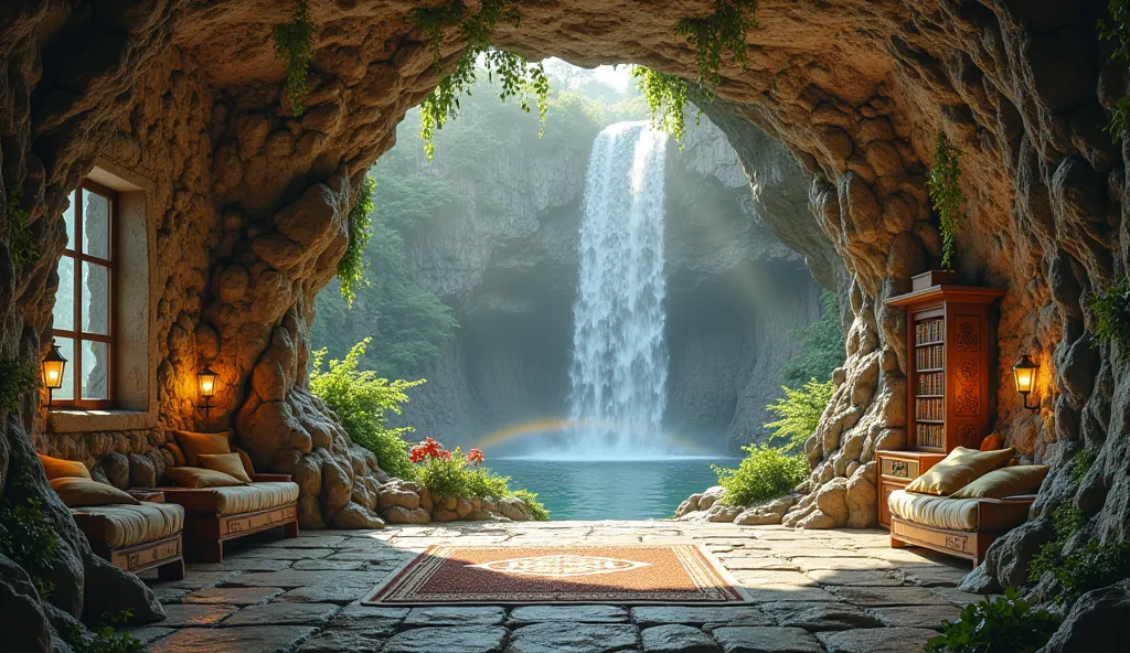 A prayer room carved into a rocky cave with windows that open onto a cascading waterfall. Sunlight streams through the water, creating rainbow reflections that dance on the cave walls. Lush greenery surrounds the waterfall, with vines and moss adding to th...