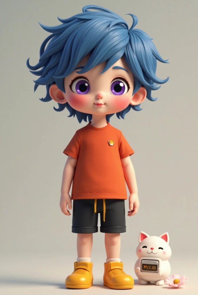 A white skinned boy, Medium Royal Blue Hair And Fringe, Fluffy Purple Eyes. Fluffy Face Slightly Pink Cheeks, Soft Reddish Lips And 1, 60 tall. Peter Pan Red-Orange Short-Sleeved Shirt, Thigh-Length Black Shorts, 5 /8 White White Cat Stereo And Yellow Shoe...