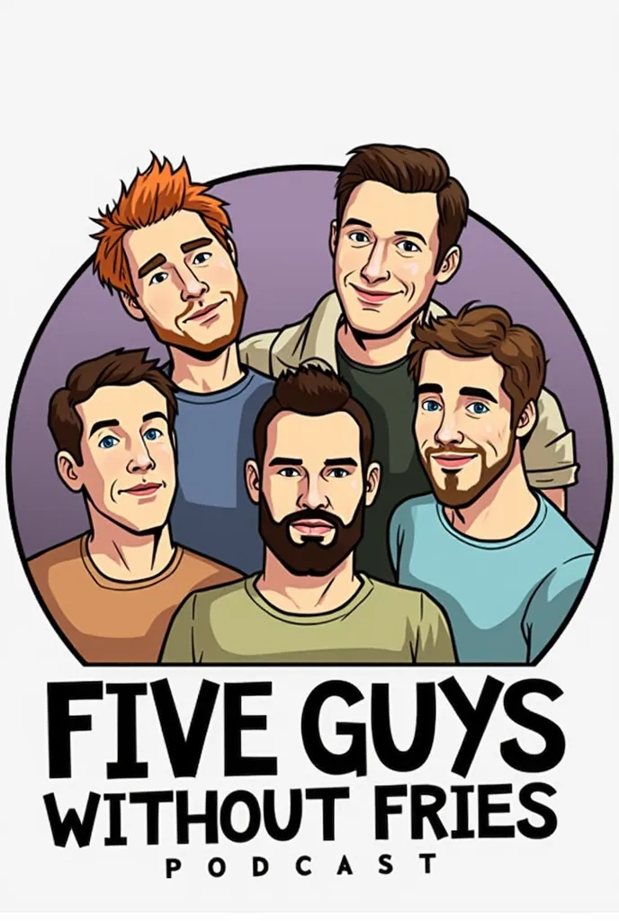 Five guys without fries podcast logo, one of the guys is a ginger, one has a brown beard, one is heavier set no beard brown hair , two are skinnier no beard brown hair. They are all white