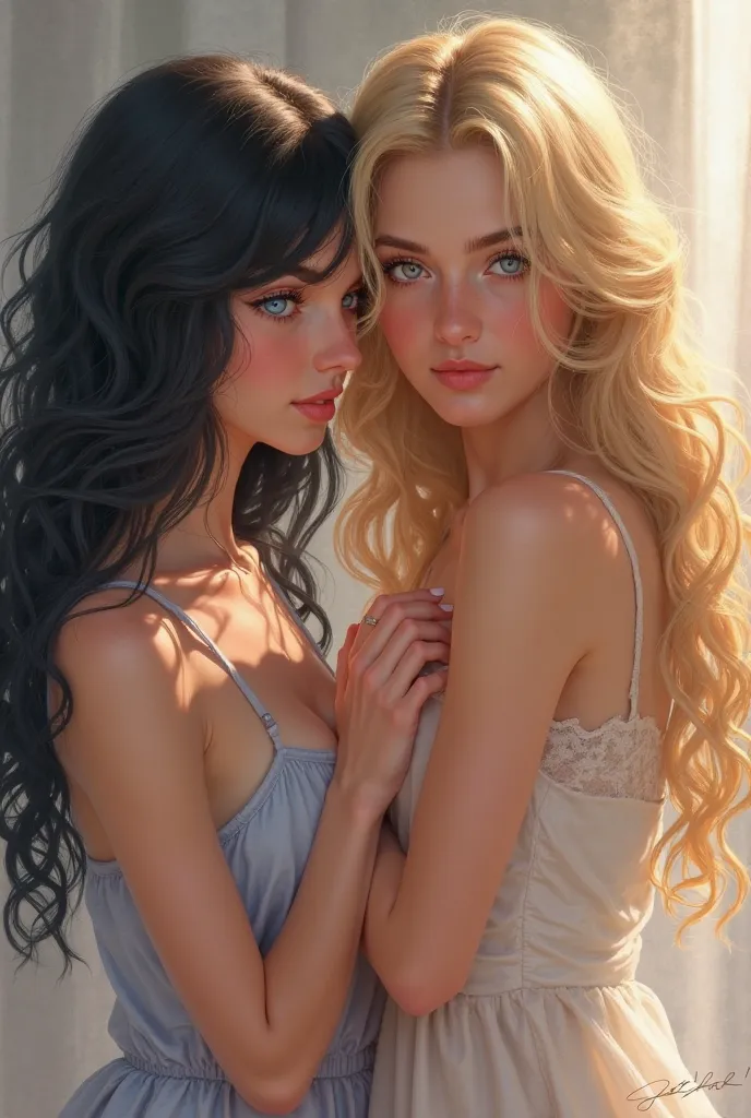 I need you to create a cover for a book called Just You?? but with two girls, one with black hair with blue eyes and the other with blond hair and honey eyes 