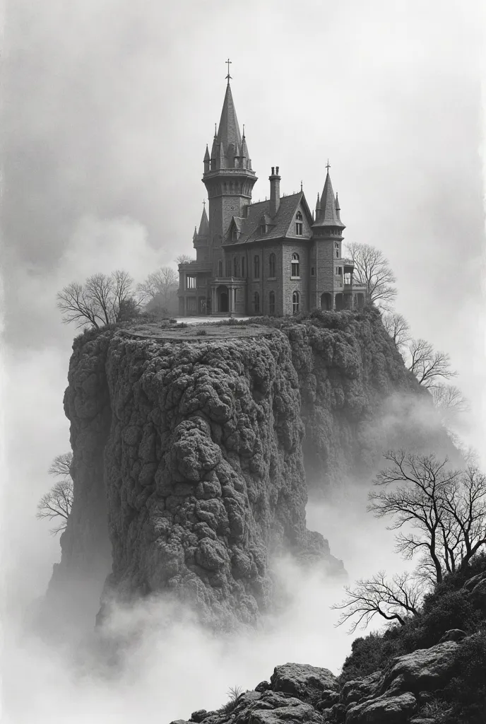 A highly detailed black and white drawing of a gothic mansion emerging from thick fog on a large, isolated island. The scene is rendered in the style of 1940s and 1950s comic book art, with pencil shading and intricate line work. The mansion appears myster...