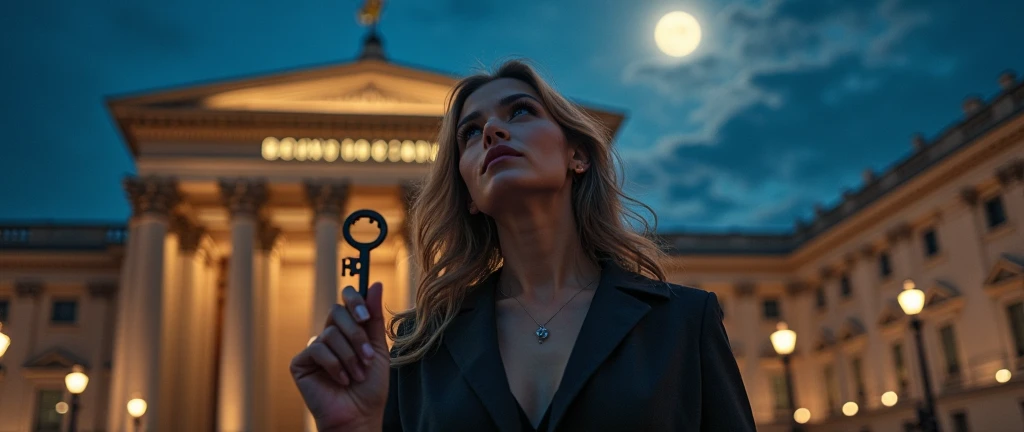 night; take the key. Entrada do  British Museum. A beautiful woman looking up to the sky.