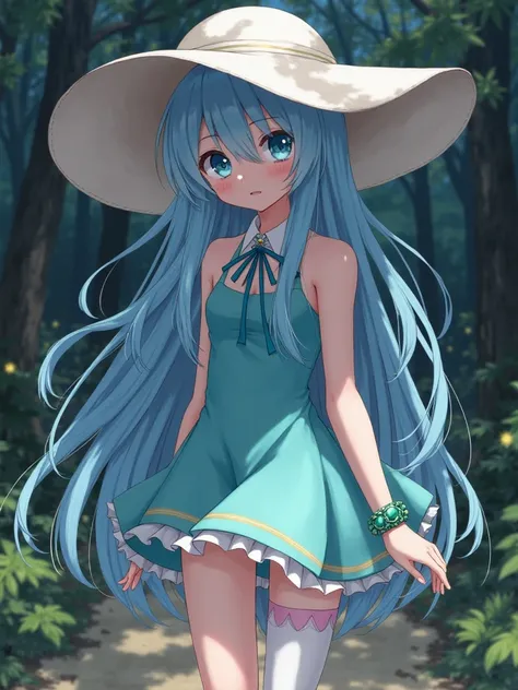 anime gloomy girl with long sky blue waterfall hair wearing big white sun hat aquamarine halter dress pink trim on the skirt white collar blue bow tied ribbon green bracelet with aquamarine stone on right wrist long white beach socks and pink beach shoes i...