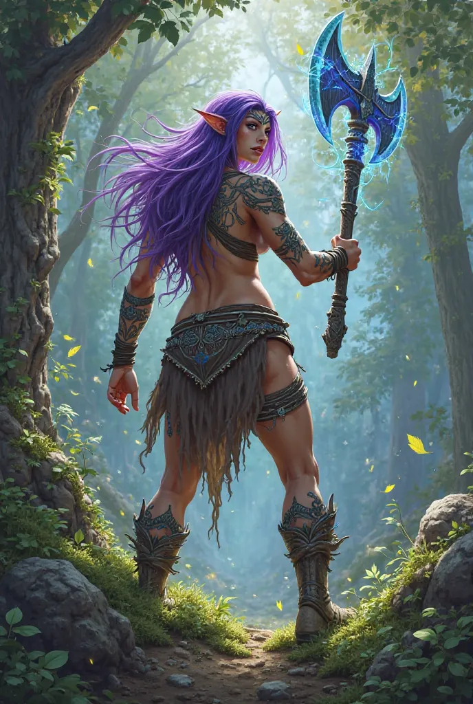 A Dungeons and Dragons character, , a barbarian-class elf with purple hair and an elemental magic ax