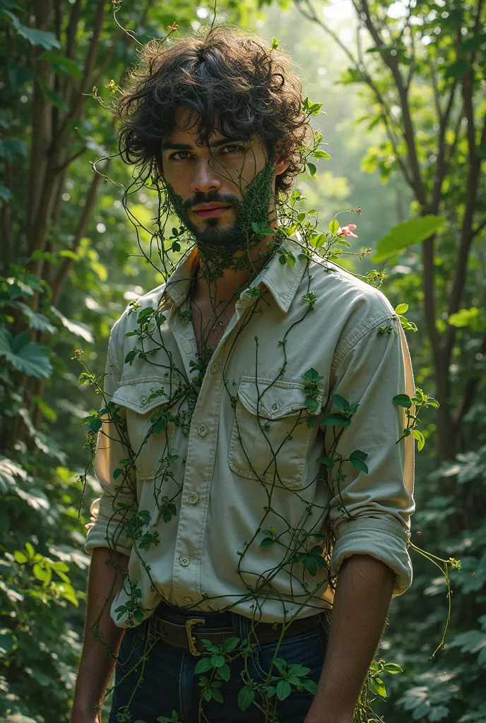 It looks like a flower vine is stuck to a shirt in the middle of shrubs
