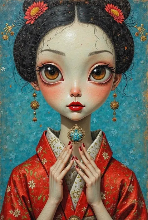 "Peinture surréaliste à la manière de Mark Ryden et Adrian Borda d'un ciel  bleu-turquoise avec des craquelures de porcelaine dorées. Arbre a de grands yeux bruns expressifs et des lèvres rouges éclatantes. Elle porte un kimono rouge décoré de motifs flora...