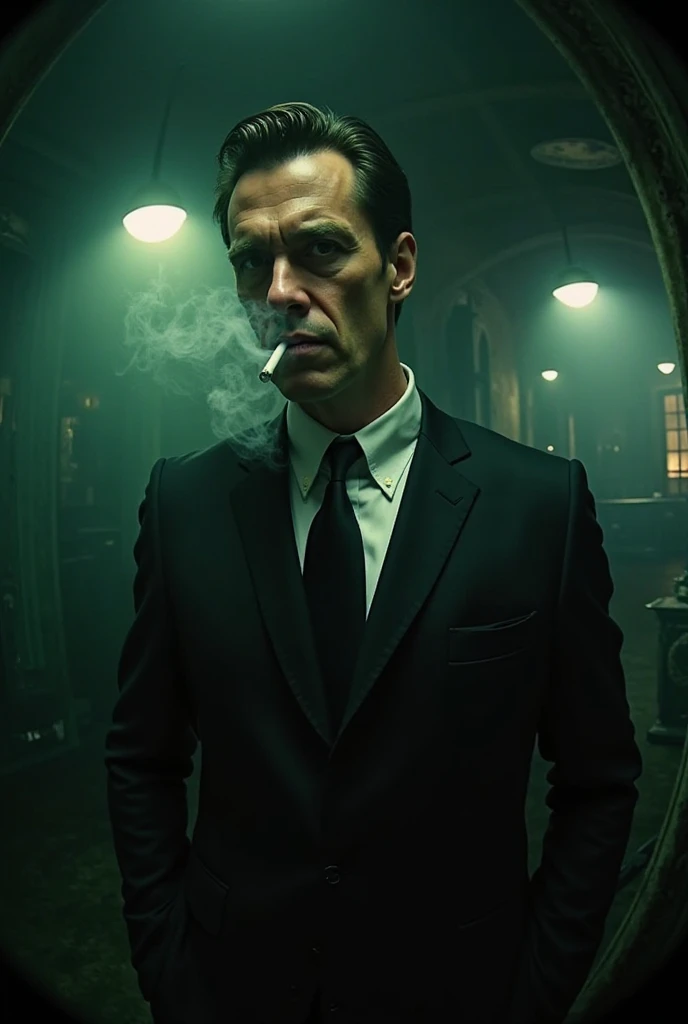 Subject: A mysterious man in a black suit with a serious and intense expression.

Perspective: Fisheye lens effect, creating a dramatic and distorted framing.

Color tone: A dimly lit, greenish atmosphere, giving a noir and cinematic feel.

Smoke effect: S...