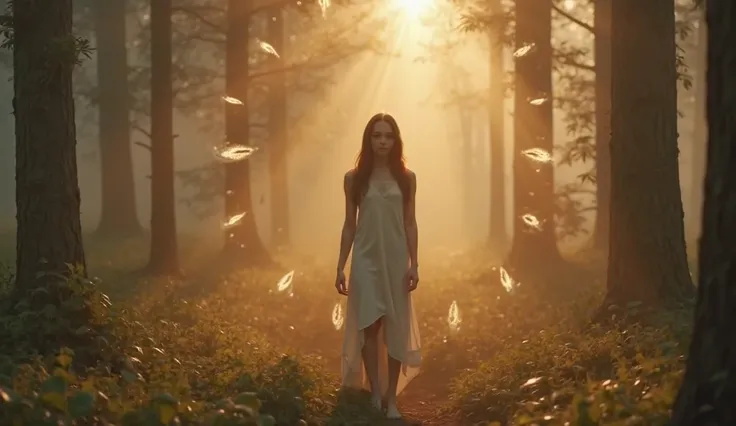 A cinematic wide shot of a misty ancient forest at dawn, golden sunlight piercing through tall trees. In the foreground, a young woman (25, long dark brown hair, hazel eyes, light skin, sharp cheekbones) stands alone, her face serene yet curious, wearing a...