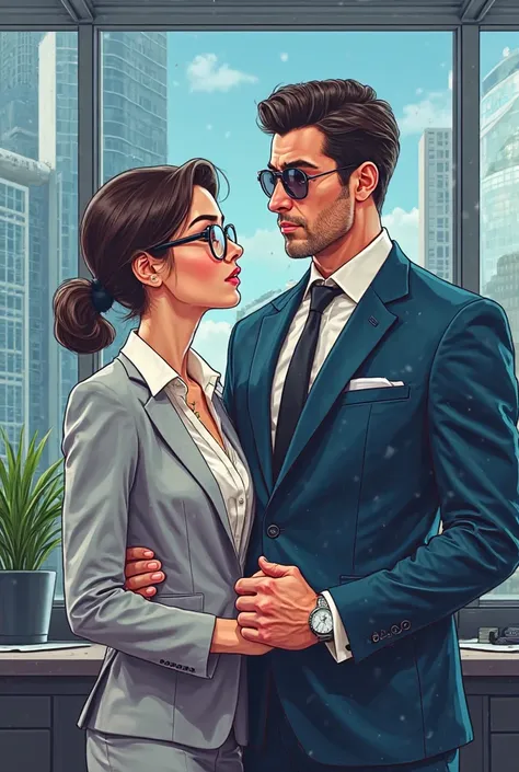 Standard book cover. 1 female nerd secretary and 1 male CEO billionaire. Graphic or Cartoon