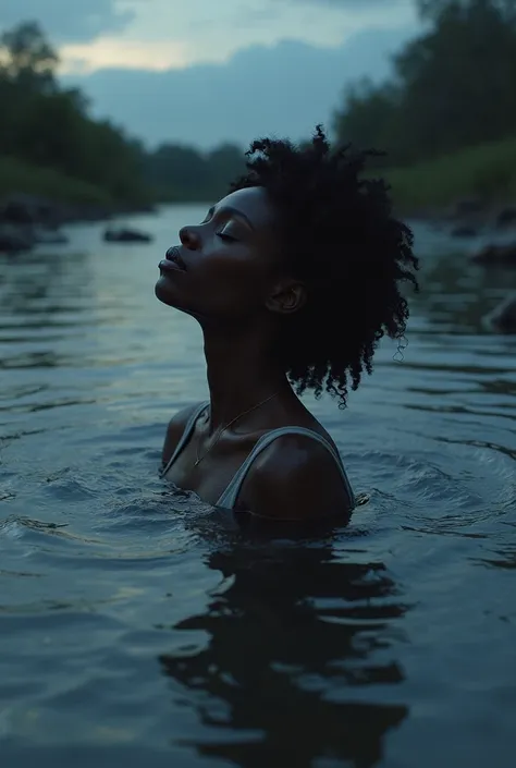 The black woman, while escaping at dusk, fell into a river where she felt confused and sad., It stayed there
