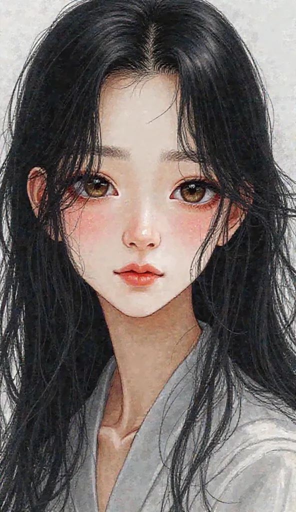 looking up to the camera,  vertical drawing style , male， ager ，Pure dark eyes， long black hair，Sacred，God of mercy，Head covered with black yarn，荆棘冠， Moles Under Your Eyes ， long black hair， pale skin ，Detailed watercolor painting， fair skin，Texture is tra...