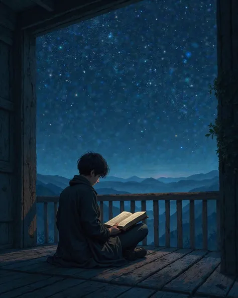 Someone is sitting on an old wooden balcony and reading a book, While a breath-taking starry sky is shining.