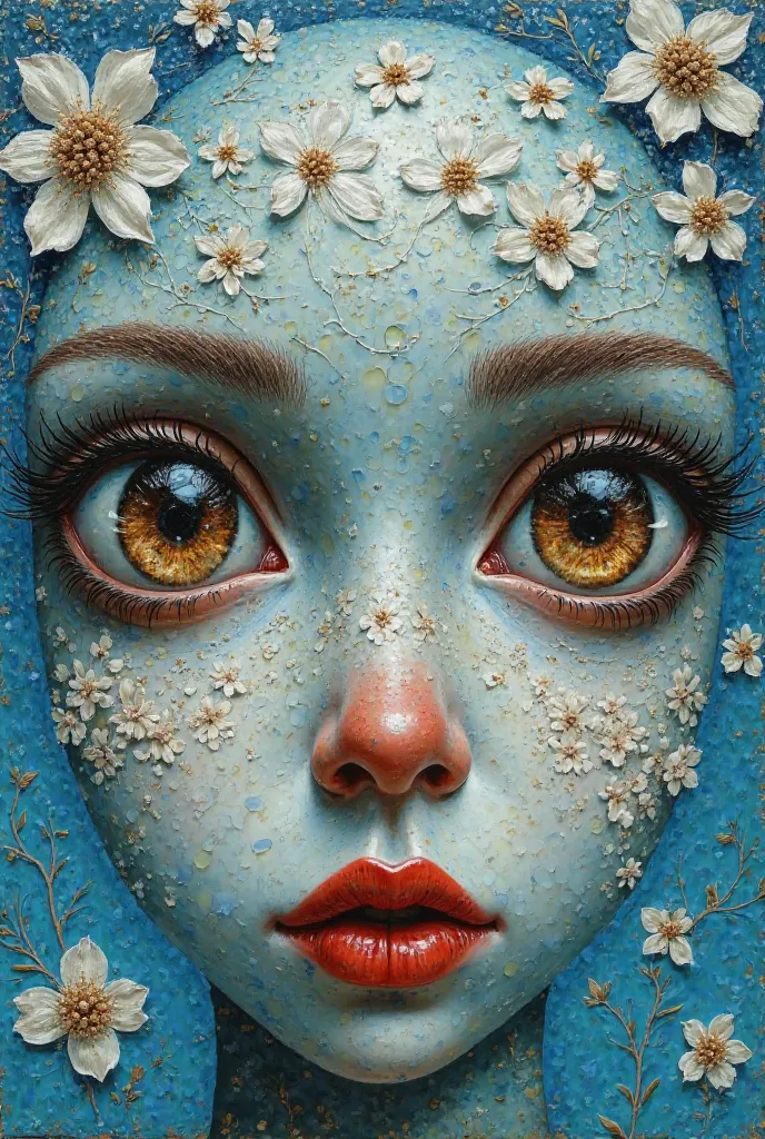 "Peinture surréaliste à la manière de Mark Ryden et Adrian Borda d'un ciel  bleu-turquoise avec des craquelures de porcelaine dorées. Arbre a de grands yeux bruns expressifs décoré de motifs floraux blancs. . n. L'ensemble utilise une palette de couleurs c...