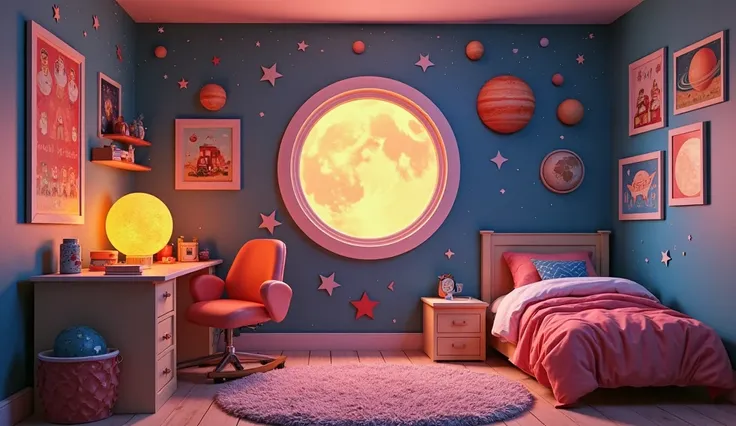 [The room with space decor; posters of planets and stars on the walls; Stay with your space decor, while the light of the Moon Coral, a full Moon in shades of orange, softly illuminates the environment], [estilo Octonauts 3D]