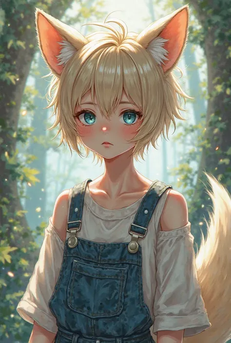 Anime , a gender fluid female ager pixie hair cut light blonde, dark blue eye, dressed in tomboy clothes , kitsune, kitsune ears , kitsune tails 
