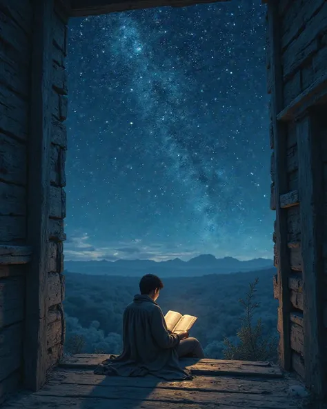 Someone is sitting on an old wooden balcony and reading a book, While a breath-taking starry sky is shining.