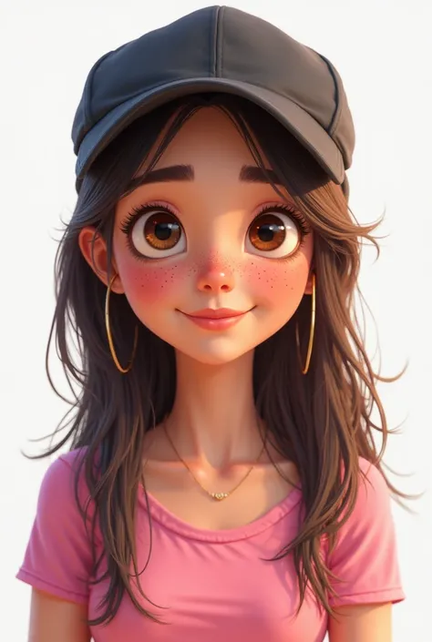 Pixar style poster of a 20-year-old girl with long straight dark brown hair, with freckles, pink blouse and black cap, chubby, with white background and dark brown eyes