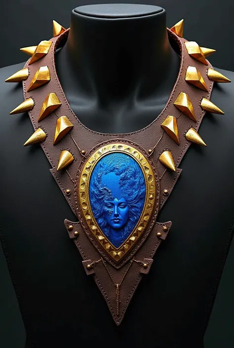 peux-tu faire une image avec un collier en cuir (bande large) orné de pics dorée avec au centre l'écusson 8.6 en bleu et contour doré d'une couleur bleu foncé à l'effigie de la marque de bière éponyme